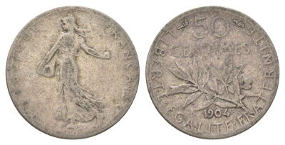 Франция 50 сантимов 1904 KM 854 серебро 4623-1162