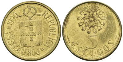 Португалия 5 эскудо 1990 KM 632 никель латунь 4148-444