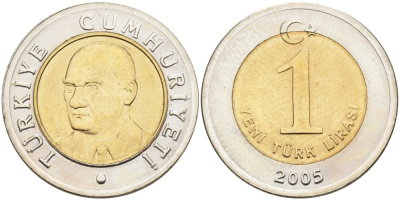 Турция 1 новая лира 2005 Кемаль Ататюрк KM 1169 биметалл UNC 4561-152