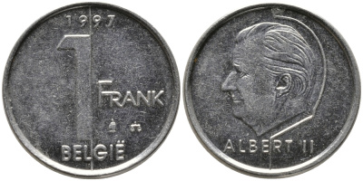 БЕЛЬГИЯ 1 ФРАНК 1997 BELGIE, АЛЬБЕРТ II (1993-) KM 188 железо плакированное никелем 99-1251