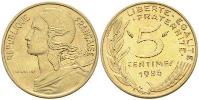 Франция 5 сантимов 1986 тип Марианна KM 933 никель алюминий медь    4594-1143