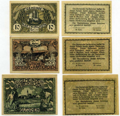 Австрия, Харткирхен набор из 3 банкнот 10, 20, 50 геллеров 1920 31 декабря 1920, нотгельд, коммуна в земле Верхняя Австрия   бумага  UNC (пресс) 7555-24-1-1