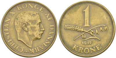 ДАНИЯ 1 КРОНА 1945 N; S, КРИСТИАН X (1912-1947) KM 835 алюминиевая бронза 4114-951
