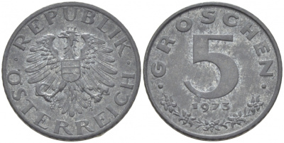 АВСТРИЯ 5 ГРОШЕЙ 1968 KM 2875 цинк 3309-949