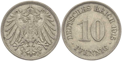 ГЕРМАНИЯ 10 ПФЕННИГОВ 1915 J KM 12, J. 13 медно-никель 65-831