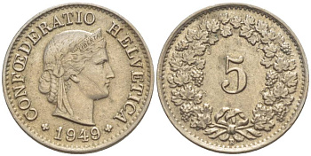 ШВЕЙЦАРИЯ 5 РАППЕНОВ 1949 В KM 26 медно-никель 4532-945