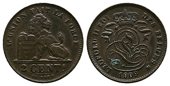 БЕЛЬГИЯ 2 САНТИМА 1909 BELGES KM 35.1 медь 261-1055