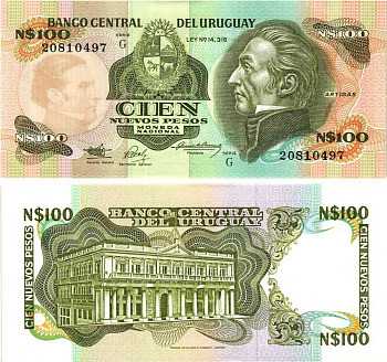 Уругвай 100 новых песо ND (1987) серия G, Хосе Хервасио Артигас Pick 62A бумага UNC (пресс) 8589-15-3-1