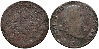 ИСПАНИЯ 4 МАРАВЕДИ 1830 ФЕРДИНАНД VII (1808-1833) KM 489.2 (С117.2) медь 28-1011