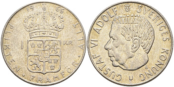 Швеция 1 крона 1966 U, Густав VI Адольф (1950-1973) KM 826 серебро 4150-221