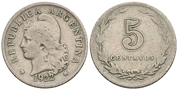 Аргентина 5 сентаво 1922 голова свободы влево KM 34, CJ 153, Schon 37 медно-никель    4609-1126