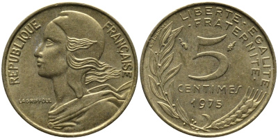 ФРАНЦИЯ 5 САНТИМОВ 1975 ТИП MARIANNE KM 933 медь алюминий никель 261-635