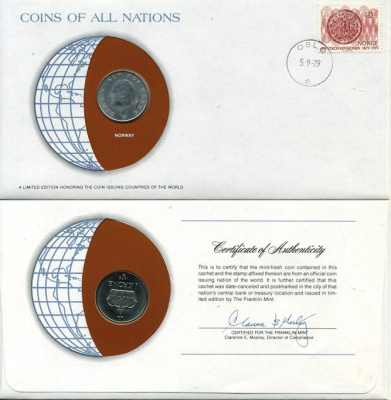 Норвегия 1 крона 1979 конверт с маркой первого дня гашения, Coins of Nations KM 419 медно-никель  UNC   4294-17-3