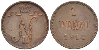 Россия для Финляндии 1 пенни 1914 Николай II (1894-1917) KM 13, Биткин 474 медь 4396-1416