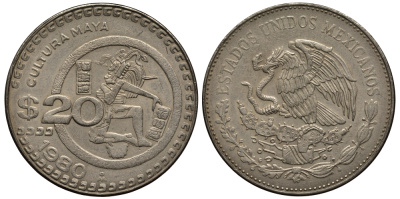 МЕКСИКА 20 ПЕСО 1980 КУЛЬТУРА МАЙЯ KM 486 медно-никель VF+ 118-931