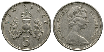 Великобритания 5 пенсов 1968 Елизавета II (1952-2022) KM 911, Spink 4233 (D1) медно-никель 89-711