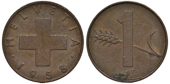 Швейцария 1 раппен 1958 в KM 46 бронза 4124-529