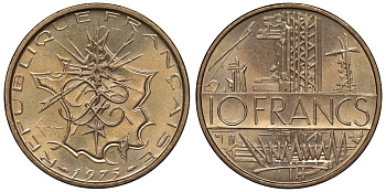 Франция 10 франков 1975 тип Матье KM 940, Le Franc 365.5-6 никель латунь 4123-612