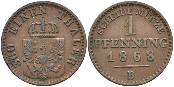 ПРУССИЯ 1 ПФЕННИГ 1868 В, ВИЛЬГЕЛЬМ I (1861-1888) KM 480 медь 201-553