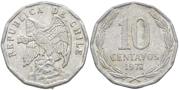 Чили 10 сентаво 1977 KM 205a алюминий 4402-414