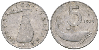 Италия 5 лир 1954 R, руль, дельфин KM 92 алюминий 4576-844