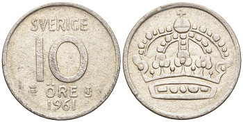 Швеция 10 эре 1961 Густав VI Адольф (1950-1973) KM 823 серебро 4147-931