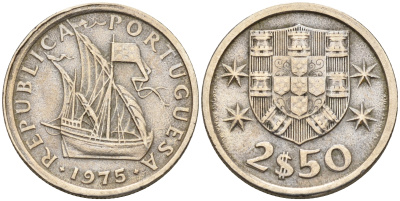 Португалия 2,5 эскудо 1975 парусник KM 590 медно-никель    4160-1216