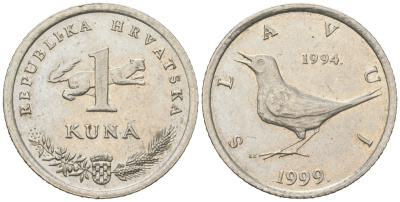 Хорватия 1 куна 1999 западный соловей, 5 лет национальной валюте, легенда на хорватском KM 9.2 медь цинк никель aUNC 4448-555