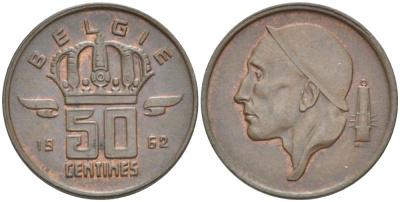 БЕЛЬГИЯ 50 САНТИМОВ 1962 BELGIE KM 149.1 бронза 3996-1244