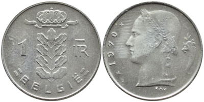 БЕЛЬГИЯ 1 ФРАНК 1970 BELGIE KM 143.1 медно-никель 4385-447