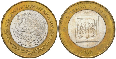 Мексика 100 песо 2005 180 лет Федерации - Федеральный округ KM 713 биметалл, серебро BU 00-1067-8-51