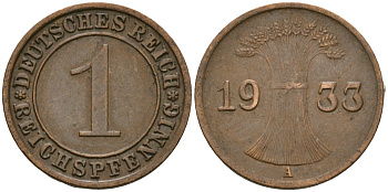 Германия 1 рейхспфенниг 1933 A KM 37, J. 313 бронза 4189-1218