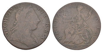 Великобритания 1/2 пенни 1775 Георг III (1760-1820) KM 601, Spink 3774 медь 1522-713