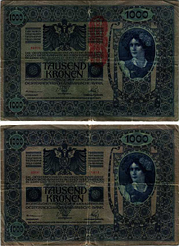 АВСТРИЯ 1000 КРОН 1919 КРАСНАЯ ВЕРТИКАЛЬНАЯ НАДПЕЧАТКА НА 1902 Pick 59 бумага 6289-7-1
