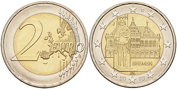 ФРГ 2 евро 2010 J, Бремен, городская ратуша и Роланд, серия Федеральные земли Германии KM 285 биметалл UNC 4592-1214