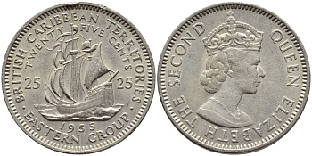 Британские Восточно-Карибские территории 25 центов 1955 Елизавета II (1952-2022), парусник KM 6 медно-никель 76-943