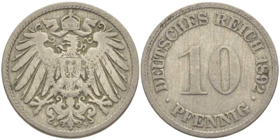 ГЕРМАНИЯ 10 ПФЕННИГОВ 1892 F KM 12, J. 13 медно-никель 4401-934