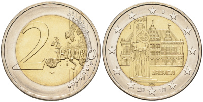 ФРГ 2 евро 2010 J, Бремен, городская ратуша и Роланд, серия Федеральные земли Германии KM 285 биметалл UNC 4592-1214