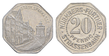 Нюрнберг трамвайный (транспортный) жетон в 20 пфеннигов ND (1920-1921) Нюрнбергский городской сберегательный банк Men05 19256.36, Men18 24102.36 алюминий 4582-1132