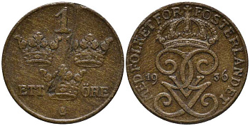 Швеция 1 эре 1936 Густав V (1907-1950), длинная 6 KM 777.2 бронза 201-1134