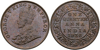 Британская Индия 1/4 анна 1936 Георг V (1910-1936) KM 512 бронза UNC 94-222