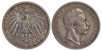 Пруссия 2 марки 1902 A, Вильгельм II (1888-1918) J.102, Weege 101, KM 522 серебро    413-343