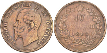 ИТАЛИЯ 10 ЧЕНТЕЗИМО 1862 МОНДВОР ПАРИЖ, ВИКТОР ЭММАНУИЛ II (1861-1878) KM 11.2 медь 4526-654