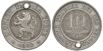 Бельгия 10 сантимов 1862 KM 22 медно-никель 217-556