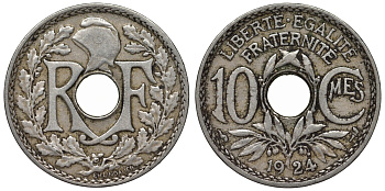 Франция 10 сантимов 1924 тип Lindauer KM 866а, Le Franc 138.12 медно-никель 4128-142