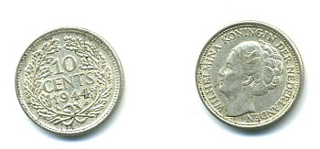 Нидерланды 10 центов 1944 Вильгельмина I (1890-1948) KM 163 серебро 54-1127