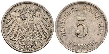 Германия 5 пфеннигов 1914 A, KM 11, J. 12 медно-никель 220-727