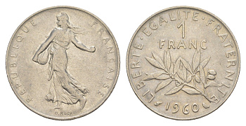 Франция 1 франк 1960 сеятель KM 925.1, Le Franc 226.5 никель 4652-442