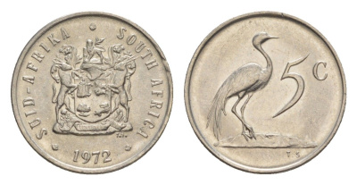 ЮАР 5 центов 1972 герб, райский журавль, редкий год - 3.117.000 экземпляров KM 84 никель UNC 4602-961