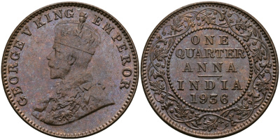 Британская Индия 1/4 анна 1936 Георг V (1910-1936) KM 512 бронза UNC 94-222